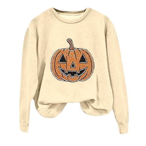 Halloween Sweatshirt for Women Novelty Rhinestone Pumpkin Graphic Sweatshirt Crew Neck Spooky Season Pullover Tops - image 4