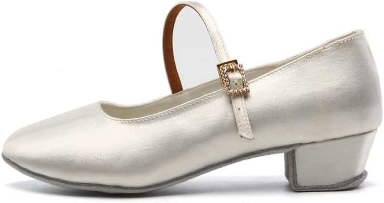 HIPPOSEUS Girls Closed Toe Latin Dance Shoes White Satin Ballroom Salsa Tango Practice Performance Dancing Shoes 1.5" Low Heel,1 M US Little Kid
