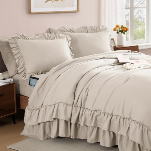 Image of AMBERSPACE Queen Comforter Set Beige Ruffle 7 Pieces Farmhouse Bed in a Bag