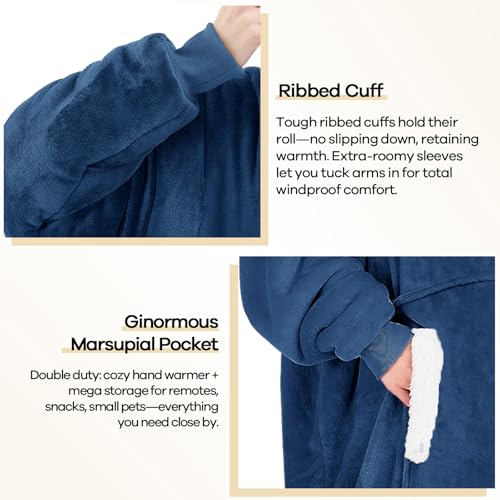 yescool Sherpa-Lined Wearable Blanket Hoodie, Navy Blue (Oversized) — view 5