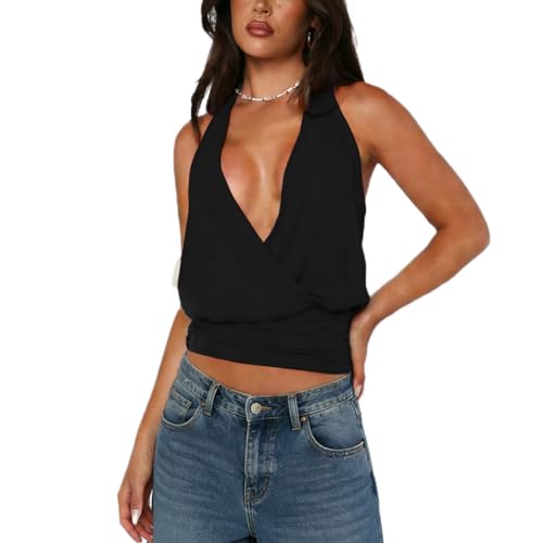 Women Y2K Plunge Halter Top Sexy V Neck Solid Color Cross Wrap Crop Tank Top Sleeveless Ruched Waist Backless Vest(Black, M)