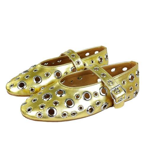 Image of Fashion Buckle Ballet Flats Women's Delicate Metal Buckle with Rivet Holes Mary Jane Comfort Flats
