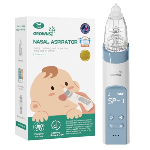 Image of GROWNSY Nasal Aspirator for Baby, Electric Nose Aspirator for Toddler, Baby Nose Sucker, Automatic Nose Cleaner with 3 Silicone Tips, Adjustable Suction Level, Music and Light Soothing Function, Blue