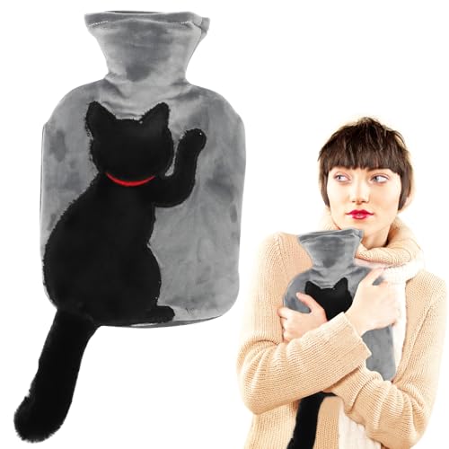 Yuragim Wärmflasche mit Bezug, Lustige Wärmeflasche Katze mit Schwanz, 1 L Bettflasche mit Bezug Geschenk für Winter Weihnachten Neujahr,...