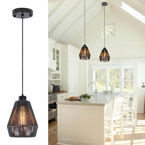 Rviezza 2 Pack Black Rattan Pendant Light, 6.69" Modern Woven Pendant Light Fixtures, Farmhouse Coastal Hanging Lamp, Boho Pendant Light for Kitchen Island Bar,Dining Room, Bedroom,Hallway