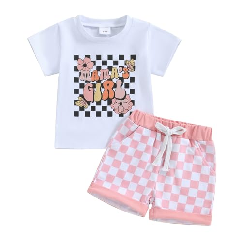 Image of 2Pcs Set Baby Girl Summer Clothes Mamas Girl Short Sleeve T Shirt Top+Checkerboard Shorts Toddler Outfit Set