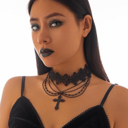 PINK TOWN Gothic Black Lace Choker Necklace for Women Goth Crystal Pendant Necklace Vintage Vampire Choker Necklace Christmas Halloween Birthday Jewelry Accessories2