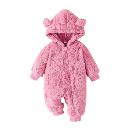 LYSINK Winter-Strampler für Neugeborene, Babys, Jungen, Mädchen, langärmelig, Reißverschluss, einfarbig, Fleece, Bärenohren, Kapuze, Overall, warmer Schneeanzug, Bb Red, 9-12 Months