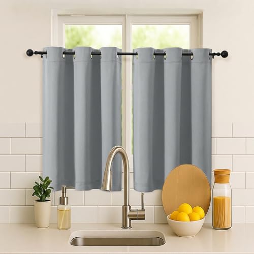 Image of Simplebrand Silver Grey Short Cafe Curtains 36 Inch Length 2 Panels Set, Half Window Grommet Privacy Drape Tiers for Kitchen, Thermal Insulated Room Darkening Curtains for Bathroom Shades, W40 x L36