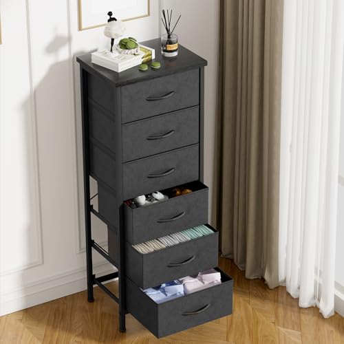 COWISH Tall Dresser with 6 Drawers, Vertical Bedside End Table and Chest of Drawers for Bedroom, Black Furniture with Fabric Drawer Nightstand Organizer Unit in Living Room, Closet, Entryway, Hallyway - Image 4
