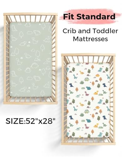Image of Crib Sheets for Boys and Girls, 2 Pack Fitted Baby Sheets for Standard Toddler Mattress 28 inch x 52 inch, Soft Breathable Jersey Knit Baby Bedding (Sage Dino)