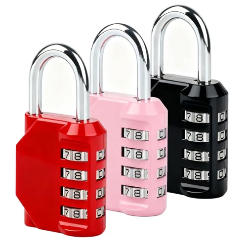 3 Piezas Candado de Combinación, Candados de Combinación Seguridad de 4 Gígitos, Candados de Metal Impermeable, para Casillero de Gimnasio, Escuela, Caja de Herramientas，Negro/rosa/rojo