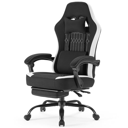 Image of Computer Gaming Chair - High Back Ergonomic Desk Chair with Footrest and Lumbar Support, Height Adjustable Task Chair with Linkage Armrests and Headrest, 360 Swivel Wheels, Black