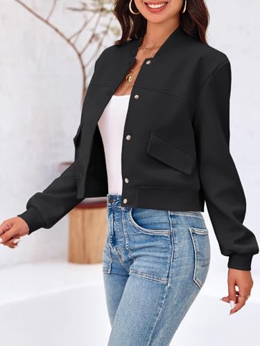 Image of Tankaneo Womens Cropped Bomber Jackets Casual Button Down Long Sleeve Stand Collar Varsity Shacket Coats