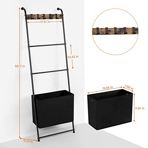 Blanket Ladder With Basket Towel Ladder Blanket Holder With Storage Basket 4 Tier Farmhouse Wall Leaning Ladder Rack With 5 Hanging Hooks For Bathroom Living Room Bedroom Rustic Brown #TOP1