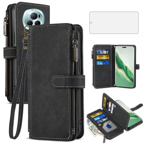 Coque Honor Magic 6 Pro 5G protection écran verre trempé, étui cuir porte-carte et support noir