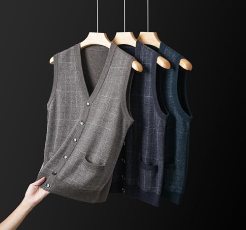 Mens 100% Wool V Neck Sweater Vest Knit Sleeveless Pullover Sweater Casual Plaid Vest4