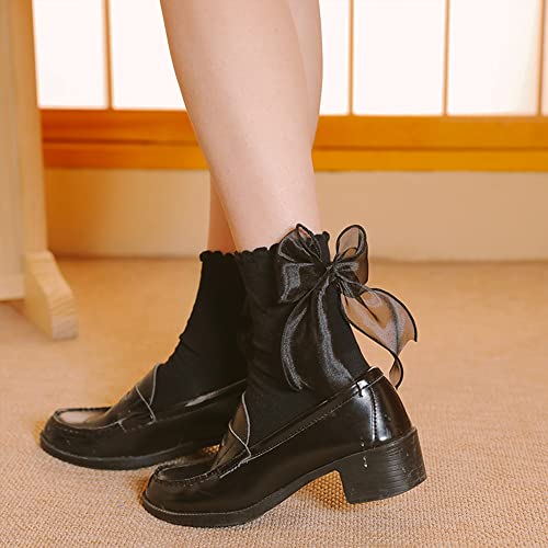 Sheer Ribbon Bow Ruffle Socks, Comfortable Sweet Cute Socks for Women and Girls, 2 Pairs (White&Black)3