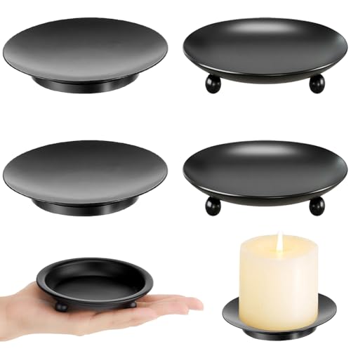 TRKETK 4 Pièces Bougeoir Noir Rond, Coupelle Bougie Decoration Porte Bougie Pilier en Métal Plat en Métal Rétro Porte-Assiettes en Fer Noir pour Noël,...