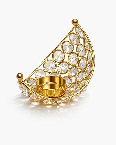 Image of Homesake Crystal Handcrafted Moon Shaped Tea Light Candle Holder for Home Decor Table Top Living Room, Festive Decorative Diwali, Decorations for Home, Gifts Items, (Golden, Set of 6)