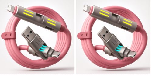 240W 4-in-1 USB C Multi Charger Cable with LED Indicator, PD 5A Fast Charging & Durable Silicone, USB-A, USB-C, iOS Connectors for iPhone, Samsung, 4FT (Pink) (Pack of 2) image 5