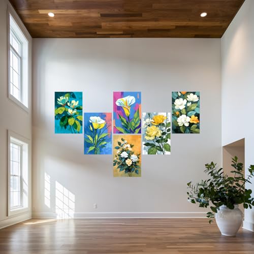 Image of SiddArtify Floral Wall Art Poster Print Set - Modern Flower Painting Decor for Living Room Bedroom Office - 8x12 Sticker Pack of 6