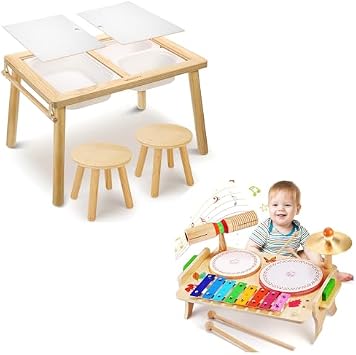 WINGYZ 3 in 1 Sensory Table and Chair Set + Kids Drum Set for Toddlers