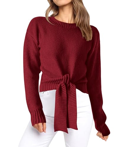 Okiwam Women's Long Sleeve Cropped Sweaters Casual Knit Pullover Tie Front Crew Neck Fall Outfits Spring Fashion Clothes 2026-XL Red Okiwam Women's Long Sleeve Cropped Sweaters Casual Knit Pullover Tie Front Crew Neck Fall Outfits Spring Fashion Clothes 2026-XL Red