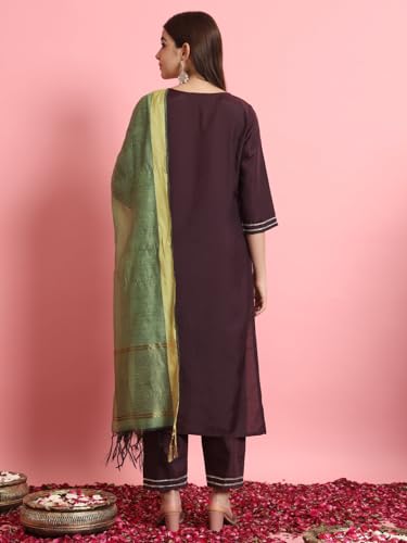 Image of VredeVogel Women's Silk Blend Embroidered Kurta with Pant & Viscose Print Dupatta Set