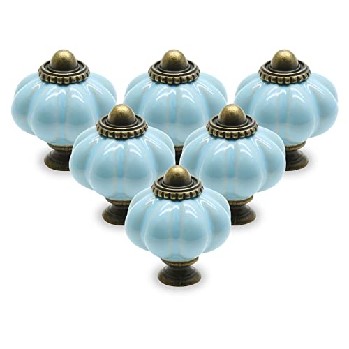Seimneire 12pcs Baby Blue Pumpkin Knobs, Vintage Ceramic Cabinet Pulls, Dresser Handles With Mounting Screws for Drawers and Doors