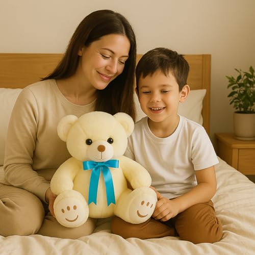 Image of ZEXSAZONE Teddy Bear Plush Toy - Soft Cream Stuffed Animal with Blue Ribbon | Cute Huggable Toy for Kids, Boys, Girls, Girlfriend & Wife | Valentine, Birthday, (32 cm)