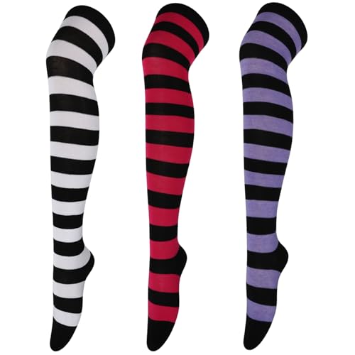 Image of DRESHOW 3 Pairs Thigh High Socks Striped Over Knee Thin Tights Long Stocking Knee High Leg Warmer