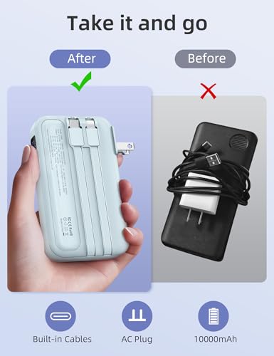 Image of RORRY Portable Charger w /Wall Plug 10000mAh Power Bank 22.5W Battery Pack | Built in Cables, Fast Charging, for iPhone, iPad, Samsung Galaxy, Pixel, LG, Travel Essential, Digital Display, Pocket Size