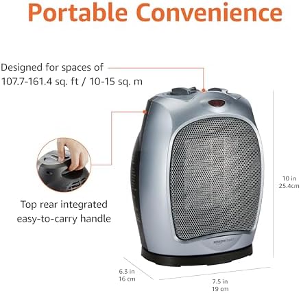 Amazon Basics Oscillating Ceramic Portable Indoor Space Heater, Fast Heating Technology, Overheat and Tip-Over Protection, Adjustable Thermostat, 1500W, 7.52"D x 6.34"W x 9.45"H, Silver - 2