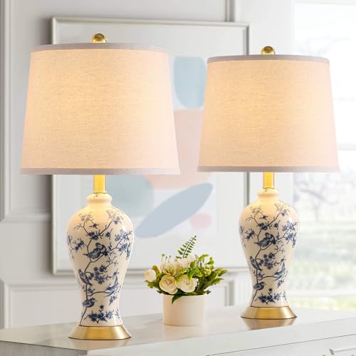 RORIA 24 Chinoiserie Modern Ceramic Small Table Lamps Set of 2 for Bedroom Blue and Beige Bird Pattern Traditional Classic Table Lamp for Living Room Nightstand Entryway 2 LED Bulbs Included