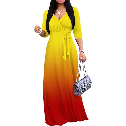 Image of PinkPatty Women's Plus Size Maxi Dresses Casual Flowy 3 /4 Sleeves Dress Printed Vacation Dress for Daily Wear with Belt
