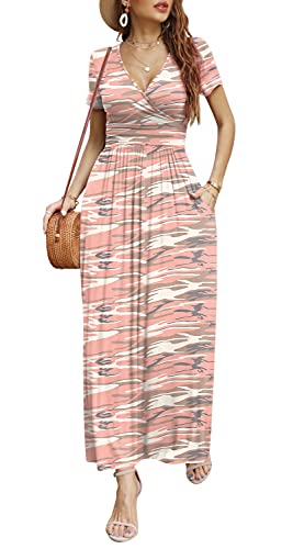 Cathy Women Short Sleeve Deep V-Neck Casual Long Dress Pleated Waist Maxi Dresses With Pockets, Xxl, Short Sleeve Pink Camo #TOP1