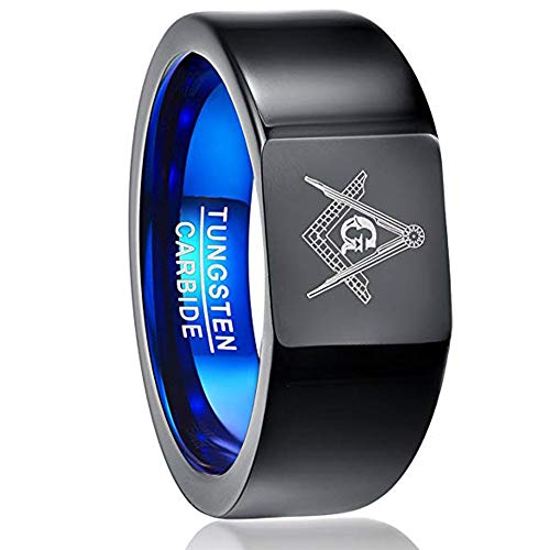 Vakki Black Blue Masonic Tungsten Carbide Square Rings for Men Women Freemason Symbol Ring High Polished Size 7-12