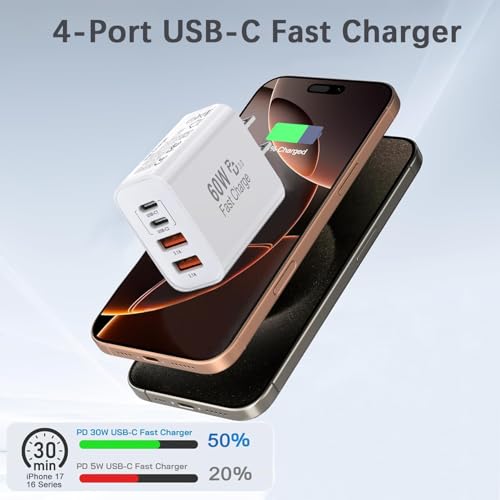 Image of 60W USB C Charger Block,2Pack 4-Port GaN USB C Charger Fast Charging Wall Plug Dual Type C+Dual USB-A Port Multiport Power Adapter Cube for iPhone 17 Pro Max /16e /15 /14 /13 /12 /11,iPad Pro /Air /Mini