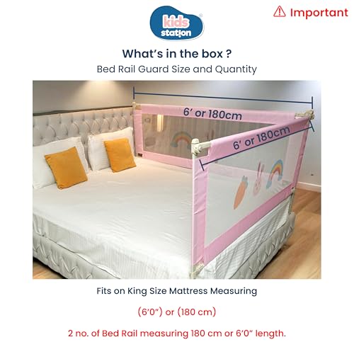 Image of Kids Station 2 Side Basic Bed Rail Guard (6ft x 6ft / 180cm x 180cm), Bed Railing for Baby Safety, Kids Toddler Bed Protector Side Walls, Adjustable Height, Portable & Foldable (Pink)