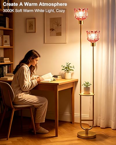 Image of Lightdot 2-Lights Modern Glass Floor Lamp with Table Gold Standing Tall Lamps with Pomegranate Red Glass Shade, Flower Floor Lamp with Foot Switch for Living Room Bedroom Home Decor (Bulbs Included)