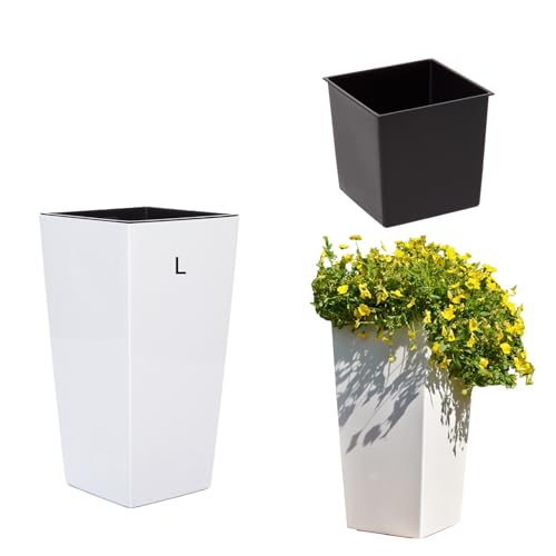 Übertopf Blumenkübel Blumentopf Hochglanz mit Einsatz Hoch (Weiß, L-46cm)