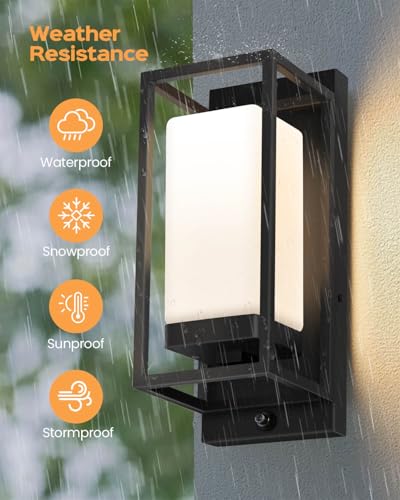 Image of SHIMR Outdoor Wall Light with Dusk to Dawn Sensor, Black Outdoor Light Fixture with LED Bulb Included, E26 Base, Waterproof Exterior Sconce for Porch Garage Front Door
