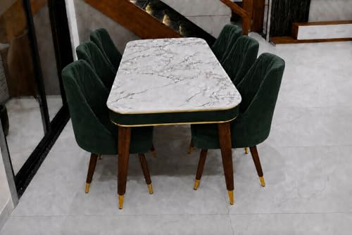 Image of WOODEN SPACE 6-Seater Wooden Dining Table Set | Nano Composite Marble Top | Solid Wood Base | Modern Dining Room Furniture with 6 Chairs (Dark Green Frontline)