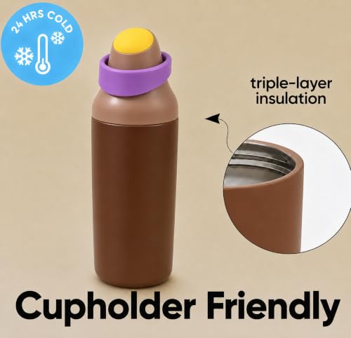 Image of HomeCloud 500ML Stainless Steel Water Bottle for Kids - Double Wall Vacuum Insulated, Leakproof Straw Lid, BPA-Free Reusable Flask with Dual Drinking Spout for School, Travel & Sports (Brown Purple)
