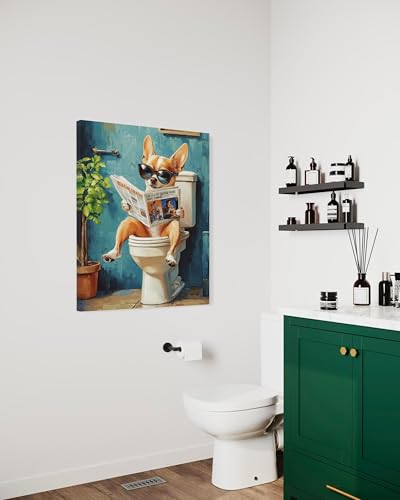 Image of Chihuahua on Toilet Wall Art Print Canvas Wrapped, Dog Bathroom Humor Decor Posters Prints for Restroom Home Picture Painting Artwork Gallery 7 (Chihuahua, 20 inchL x 16 inchW CANVAS, Wrapped Canvas)