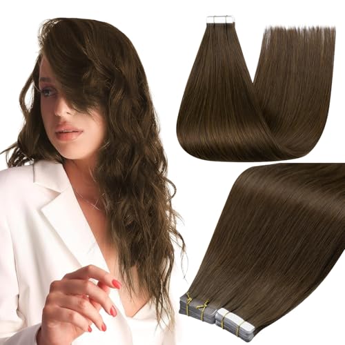 Image of Full Shine Tape in Extensions Human Hair 18 Inch Real Tape in Hair Extensions Color 4 Middle Brown Hair Extensions Real Human Hair Straight Seamless Skin Weft 20Pcs 50G Remy Invisible for Women