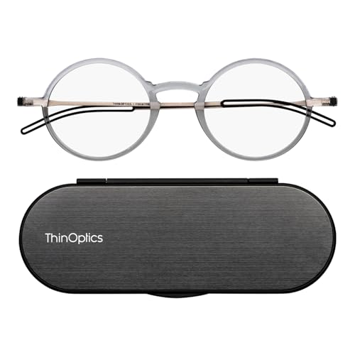 ThinOptics Manhattan Reading Glasses 2.00 Round Clear Frames With Milano Magnetic Case - Thin Lightweight Compact Readers 2.00 Strength
