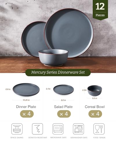 Famiware Mercury Plates and Bowls Sets, 12 Pieces Stoneware Dinnerware Sets, Dishes Set for 4, Microwave and Dishwasher Safe, Charcoal - Image 4