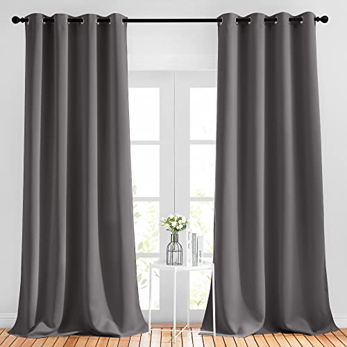 NICETOWN Bedroom Grey Blackout 120 inch Curtains - Triple Weave Energy Saving Thermal Insulated Solid Grommet Blackout Draperies for Patio, W52 x L120